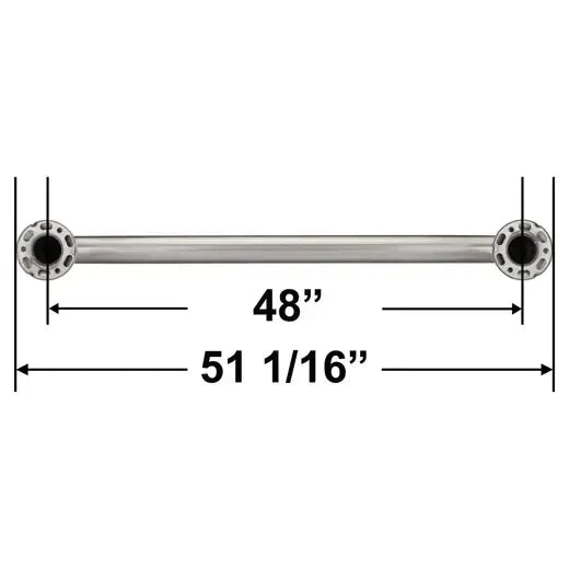 Satin grab bar shown from front with dimension callouts: 48 inches between flanges, 51-1/16 inches overall length