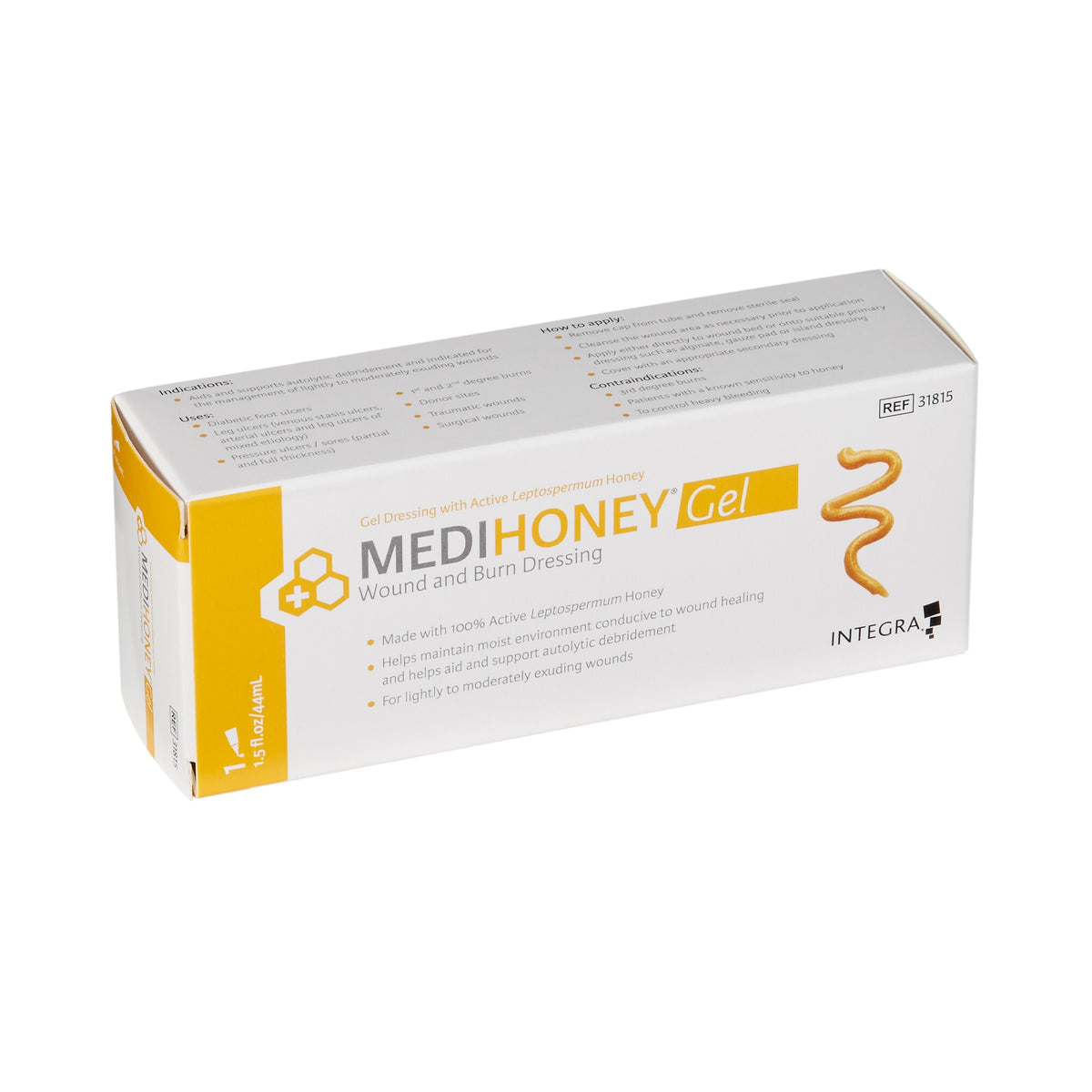 Medihoney Gel wound and burn dressing box with yellow and white packaging, showing product name and Integra branding on