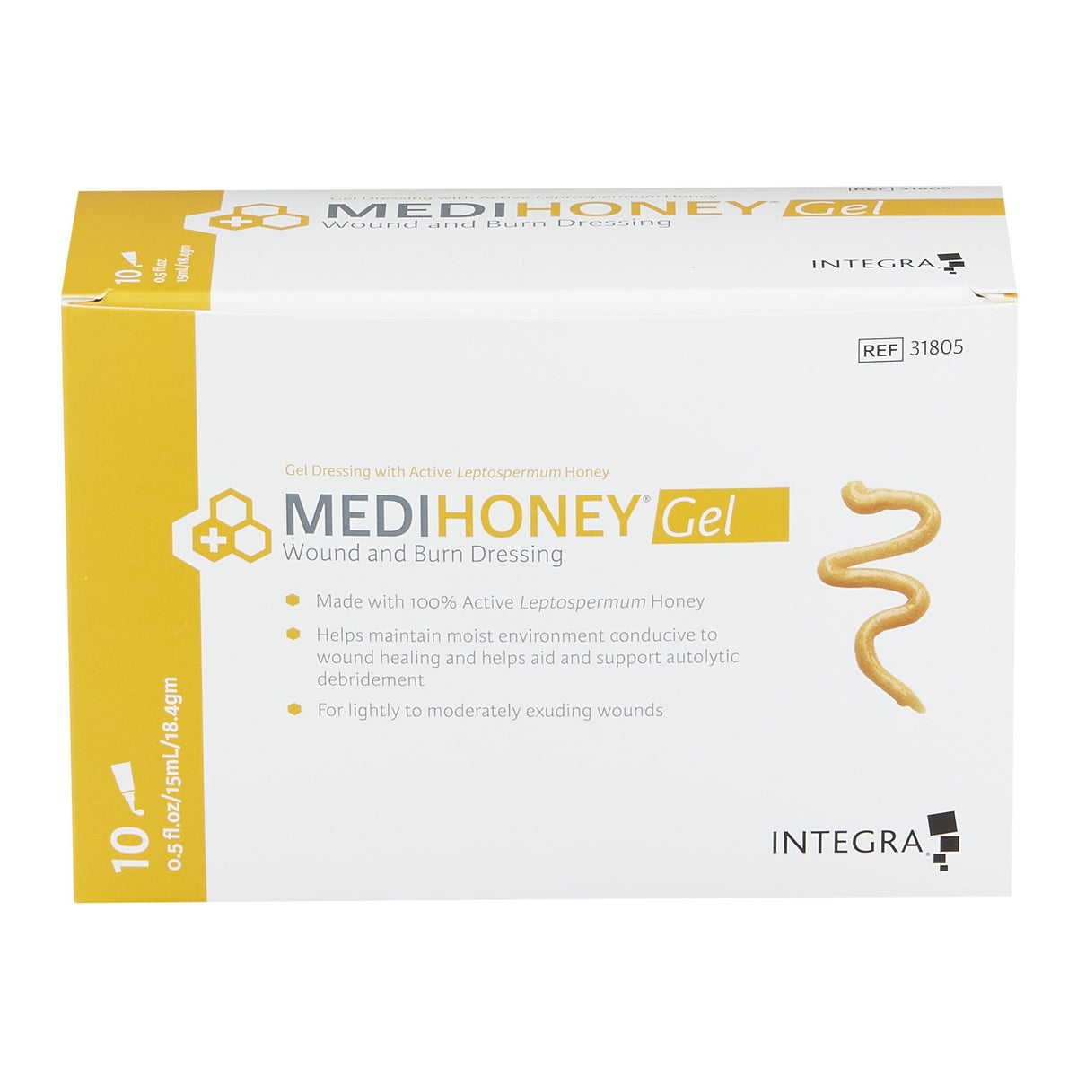 Wound and burn dressing gel box with yellow and white packaging, showing 10-count tubes of honey-based gel dressing by