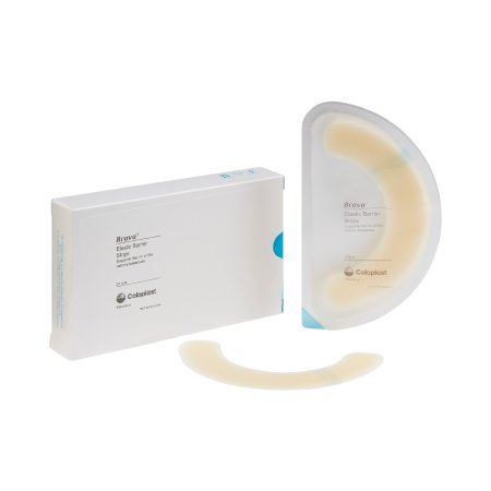 Ostomy barrier strips shown with product box and half-moon shaped adhesive strip on white background
