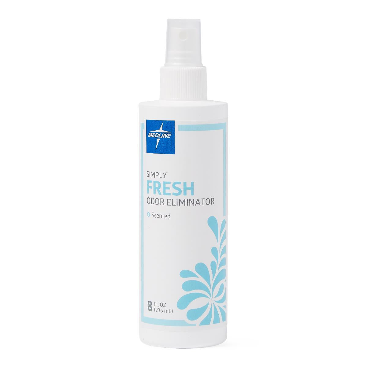 Odor eliminator spray bottle with pump top, scented formula, 8 fl oz, white with light blue floral design