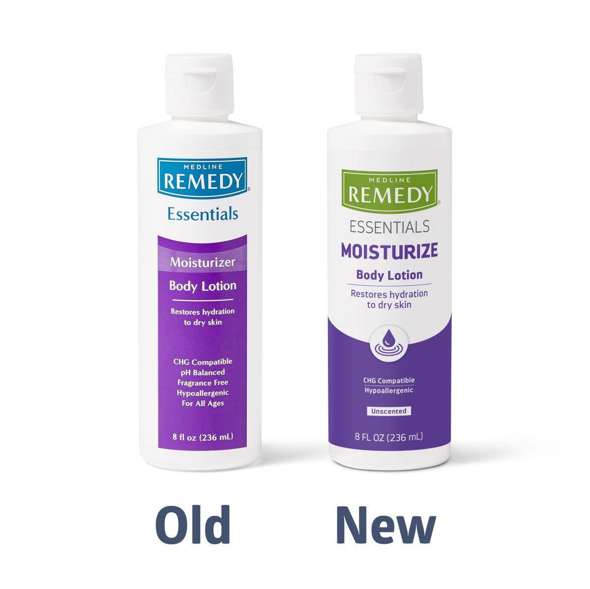 Medline Remedy Essentials Body Lotion old and new packaging comparison, two 8 fl oz white bottles with purple labels