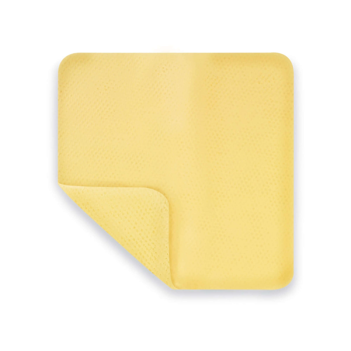 Wound dressing square yellow hydrogel pad with textured surface and corner folded back, shown on white background