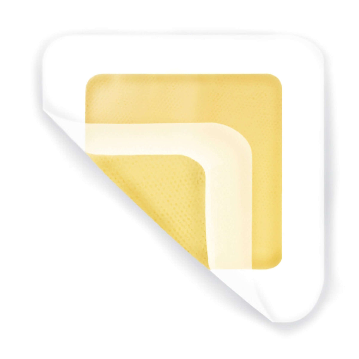 Foam wound dressing with yellow hydrogel pad centered on white adhesive border, corner peeled back to show layered