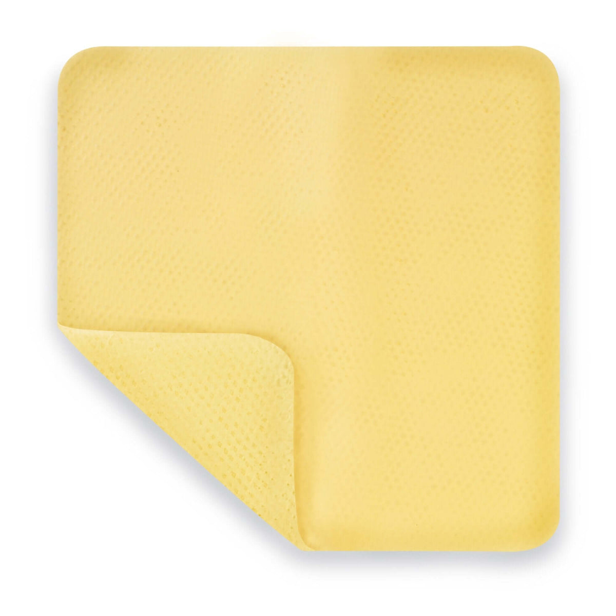 Hydrogel wound dressing in yellow with textured surface and folded corner, shown flat against white background
