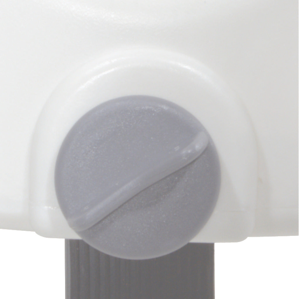 Raised toilet seat height adjustment knob closeup, gray dial on white plastic body with gray leg post visible below