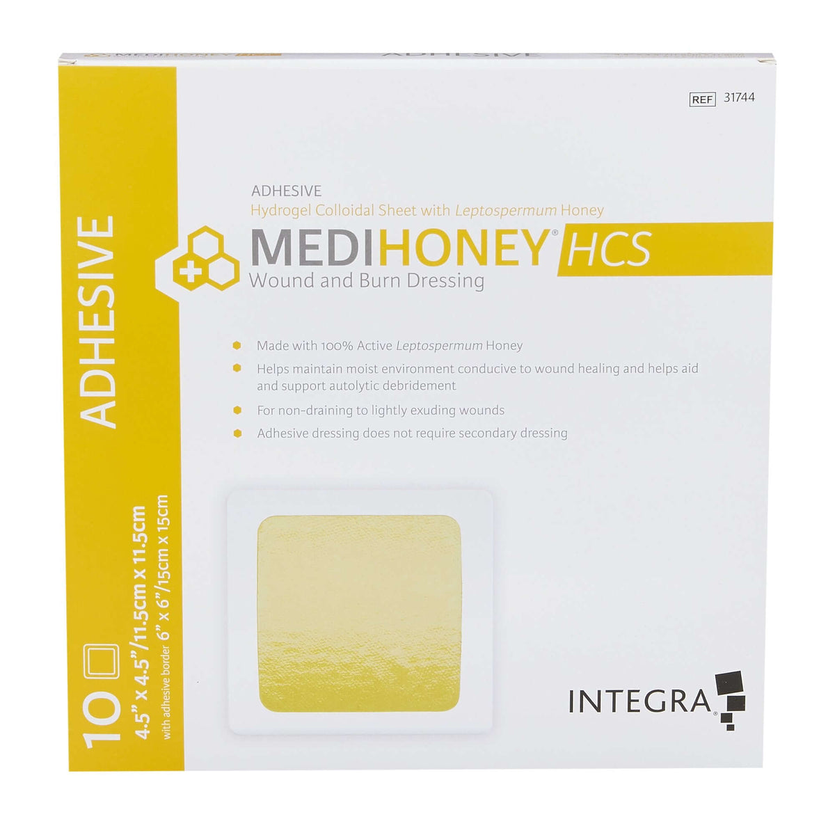 Medihoney HCS adhesive wound and burn dressing box, white and yellow packaging, showing a square hydrogel dressing, 10-count