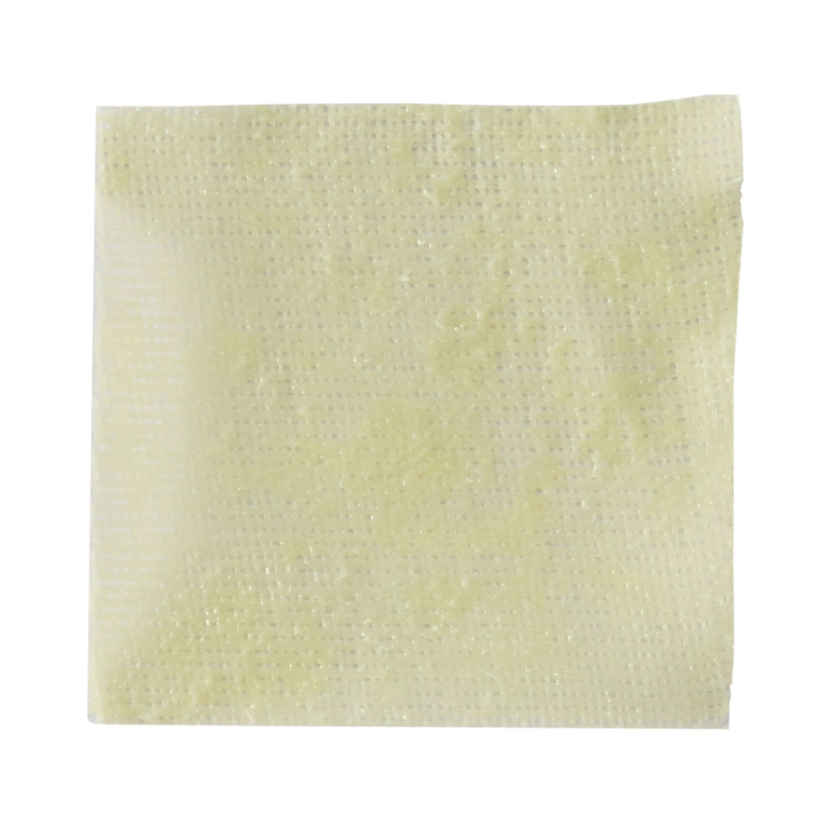 Petrolatum-impregnated wound dressing, square, with fine mesh texture and pale yellow color, shown on white background