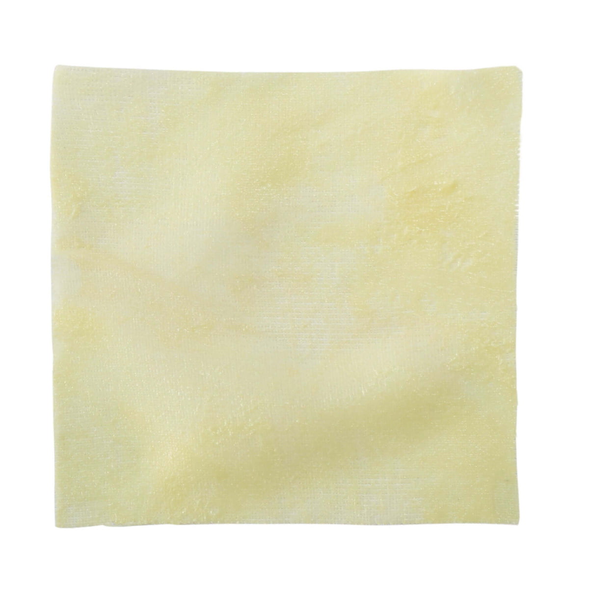 Petrolatum-impregnated wound dressing, square, pale yellow, fine mesh gauze on white background