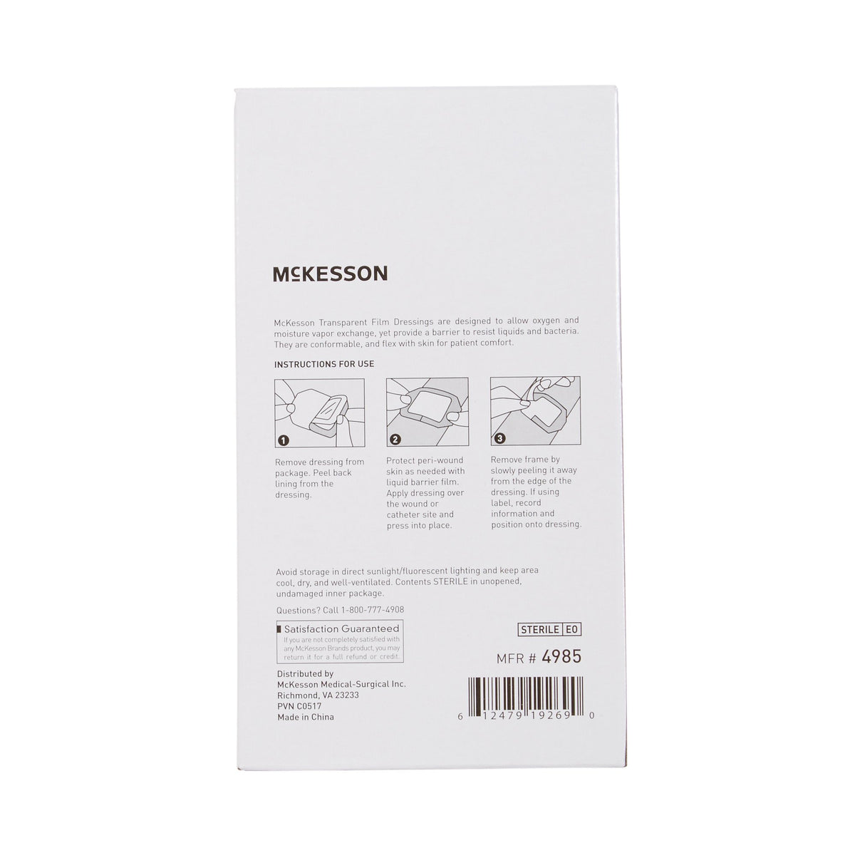 Transparent film dressing box back panel showing McKesson branding, three-step application instructions, and barcode on