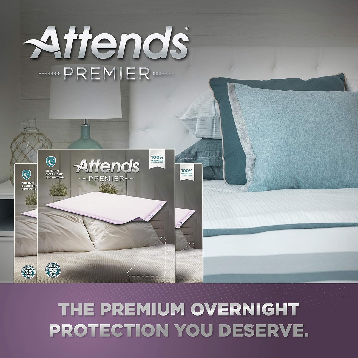 Attends Premier underpads packaging shown against a bedroom background with teal pillows and white bedding