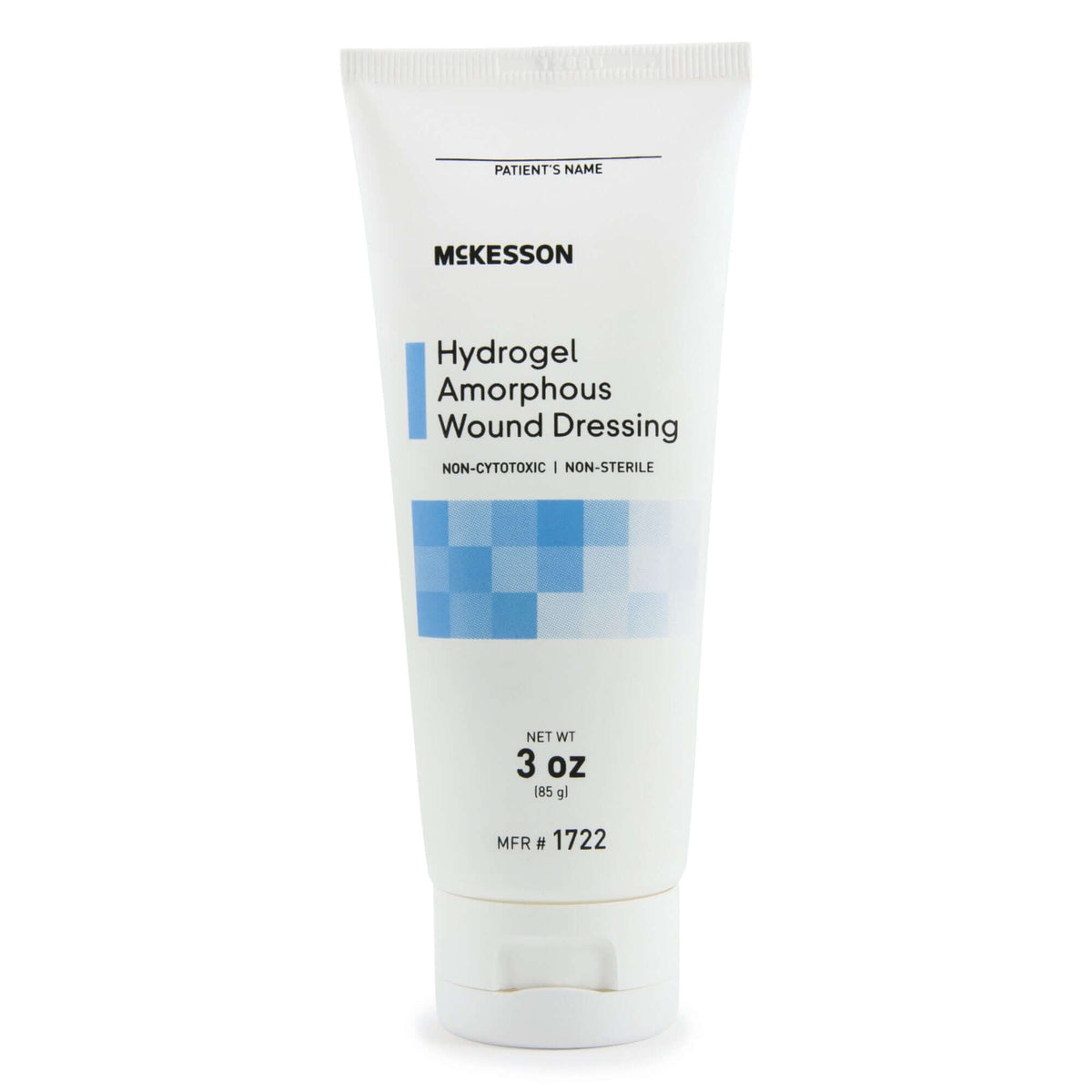 Hydrogel amorphous wound dressing in a white 3 oz squeeze tube with blue geometric design on label, on white background