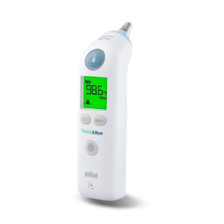 Welch Allyn Braun ThermoScan tympanic ear thermometer with green backlit LCD display showing 98.6°F reading, white handheld