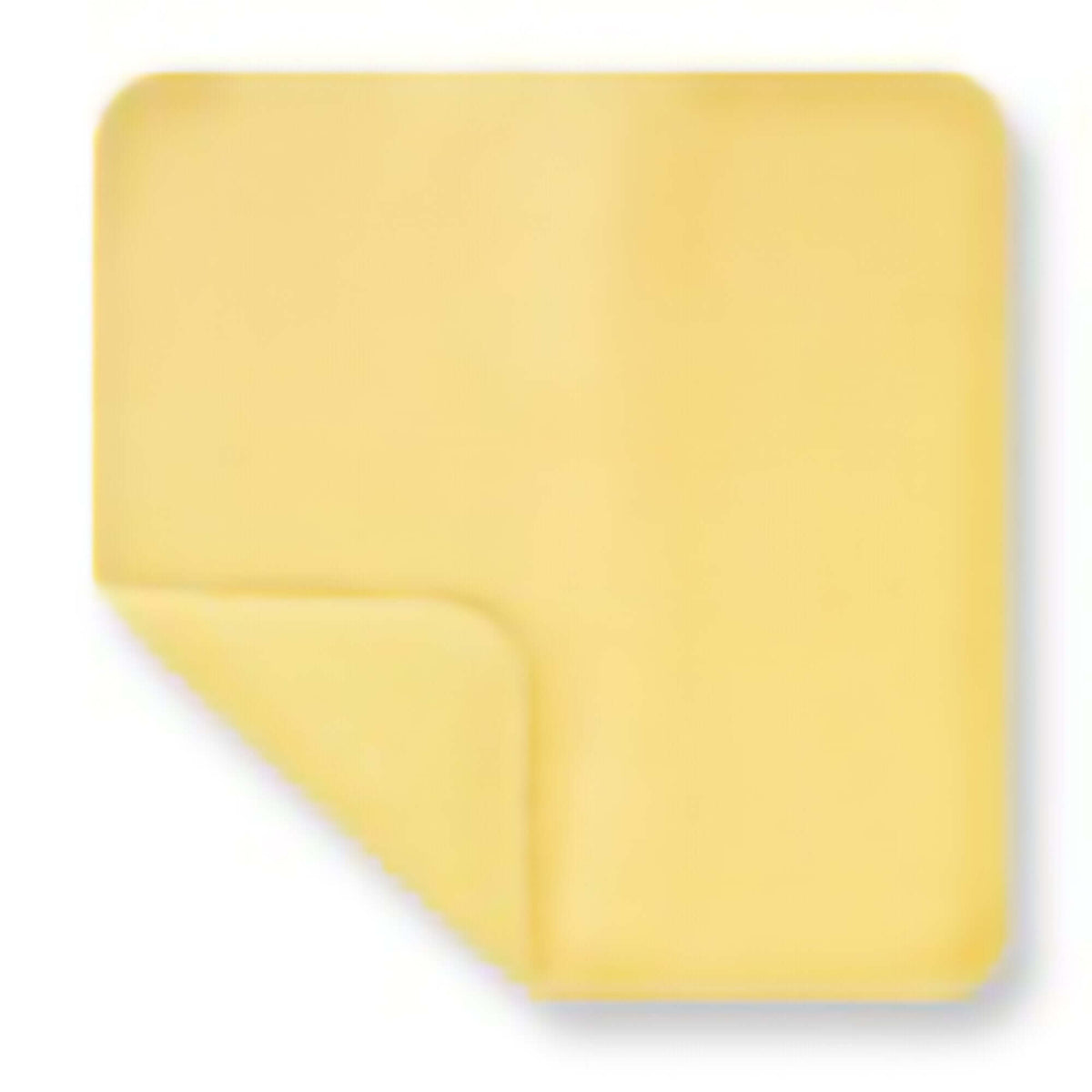 Hydrogel wound dressing in pale yellow square shape with slightly folded bottom-left corner, shown flat against white