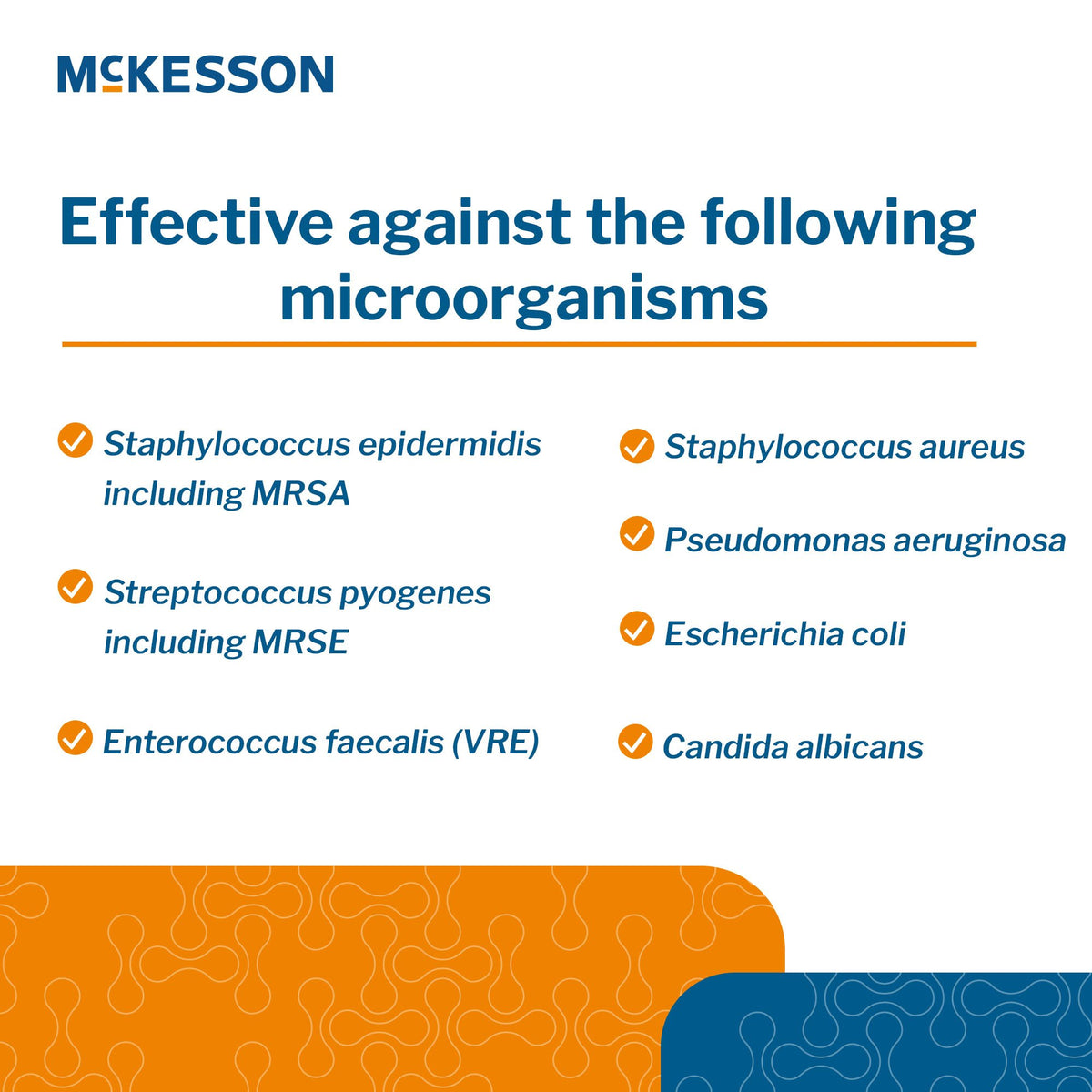 McKesson Silver Alginate Dressing infographic listing effective microorganisms including MRSA, MRSE, VRE, and Candida