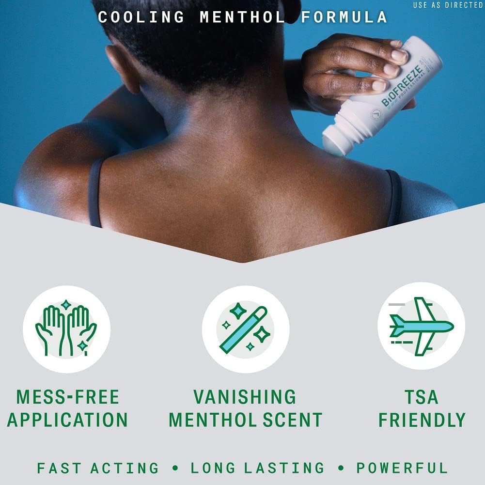 Biofreeze Professional roll-on applied to a woman's neck, with icons highlighting mess-free application, vanishing menthol