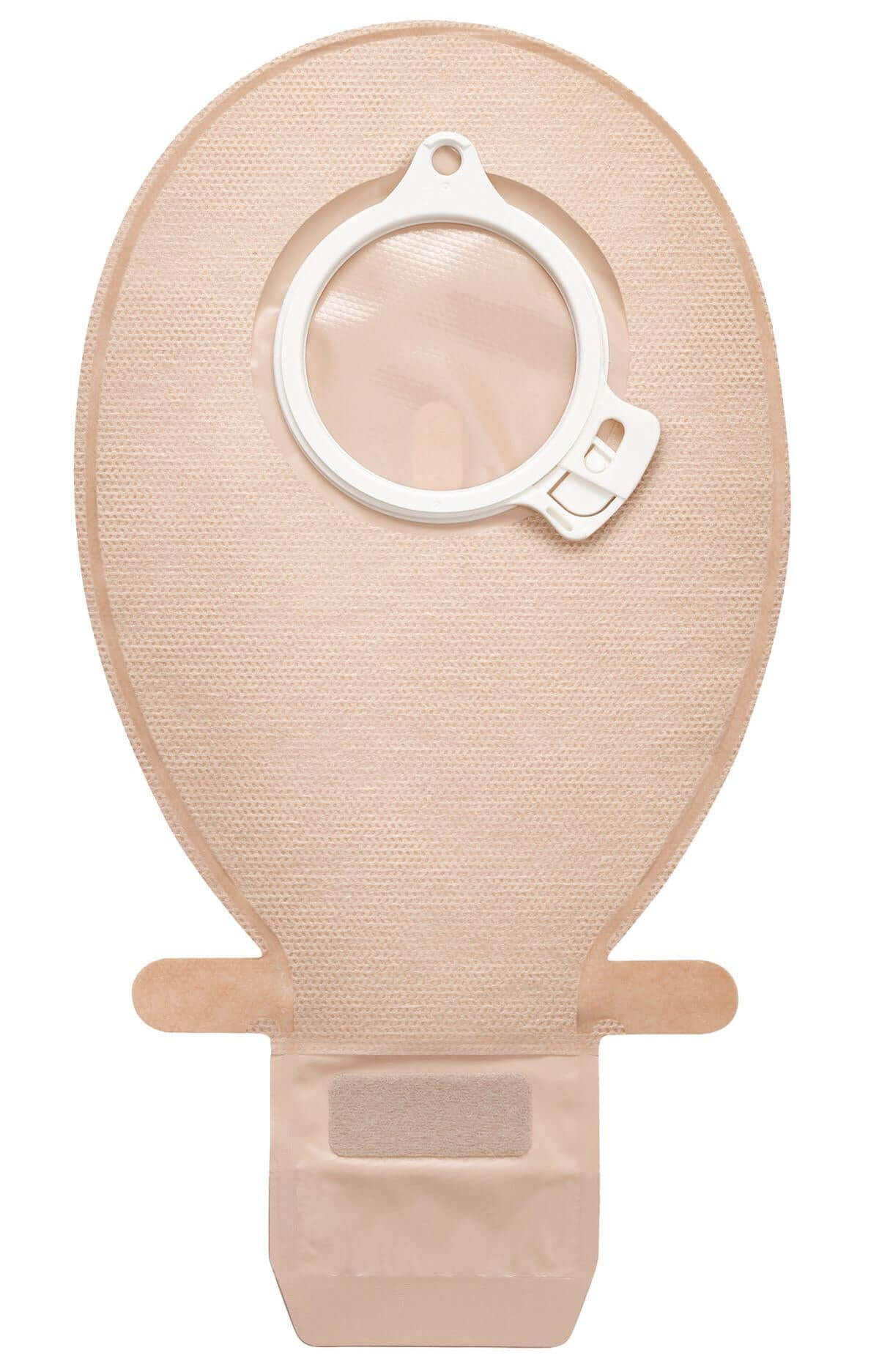 Ostomy drainable pouch with two-piece coupling ring, beige fabric-covered body, and velcro-closure drain outlet