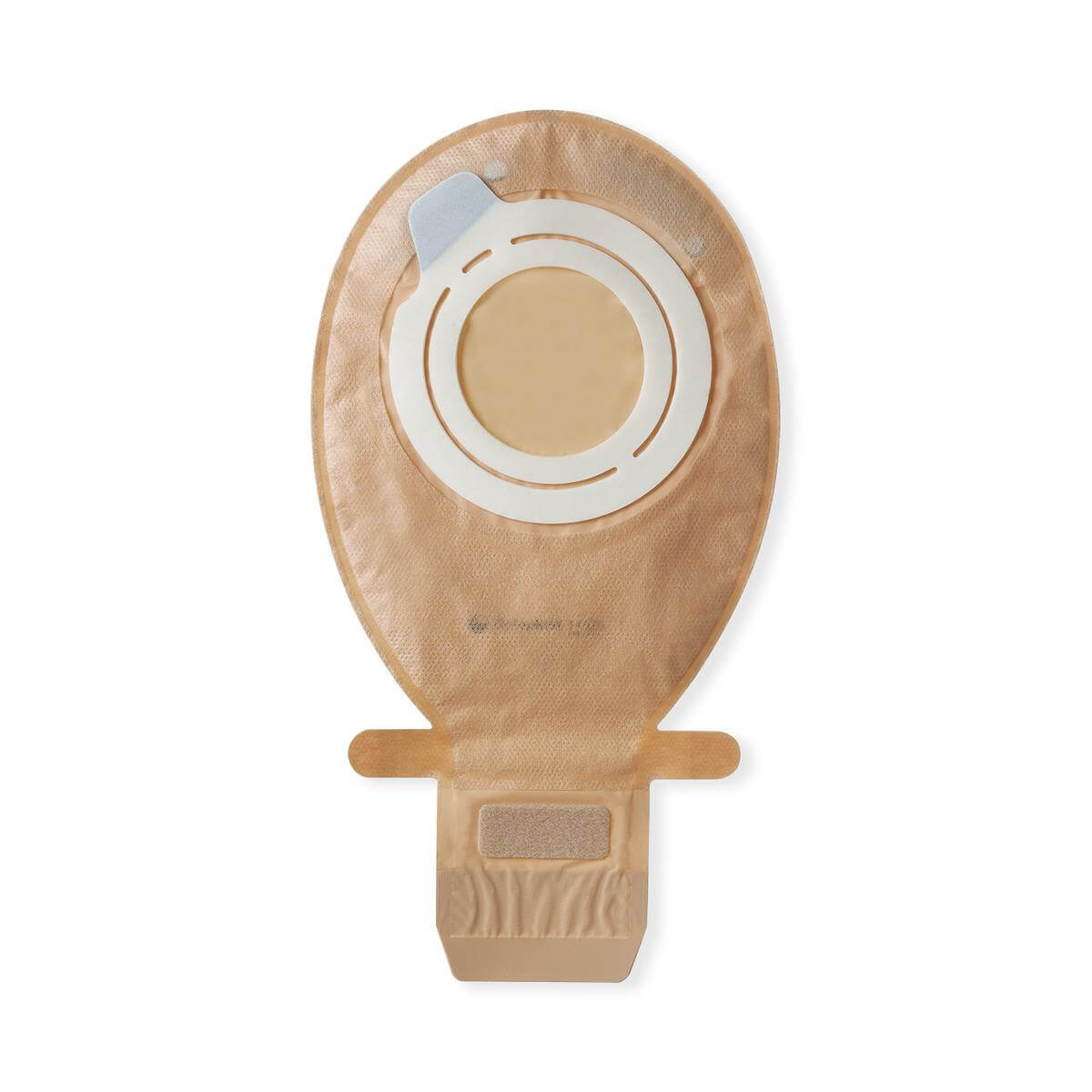 Drainable ostomy pouch with two-piece coupling ring, tan fabric body, and integrated closure at bottom, shown on white