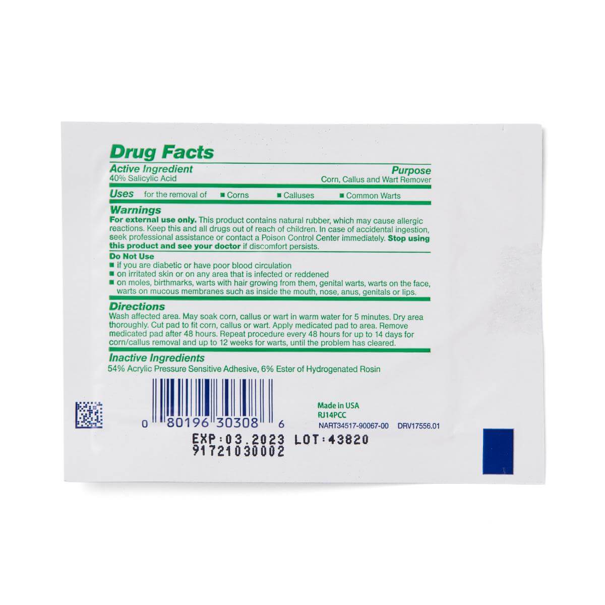 Corn, callus, and wart remover medicated pad showing Drug Facts label with 40% salicylic acid active ingredient and usage