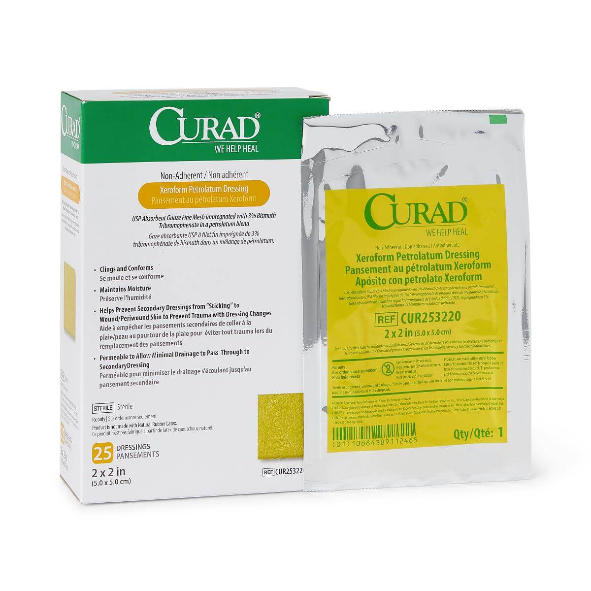 Xeroform petrolatum gauze dressing box of 25 with individual sterile foil packet, shown on white background