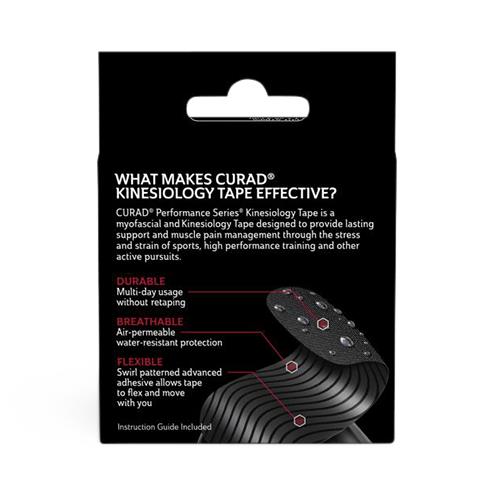 Kinesiology tape back of packaging showing product features, benefits text, and close-up detail of black tape texture