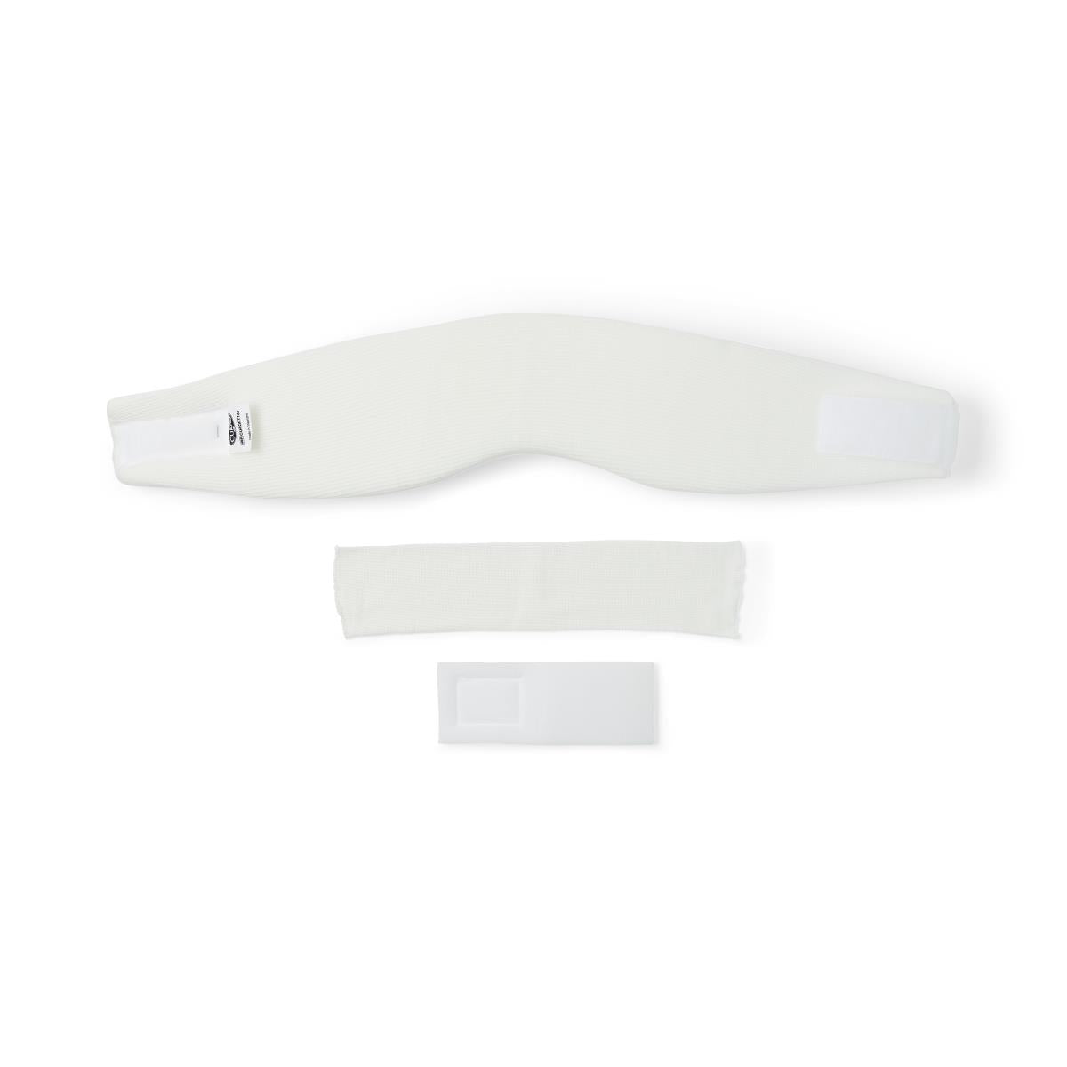 Cervical collar in white with contoured shape, shown with a mesh sleeve and hook-and-loop closure strip on white background