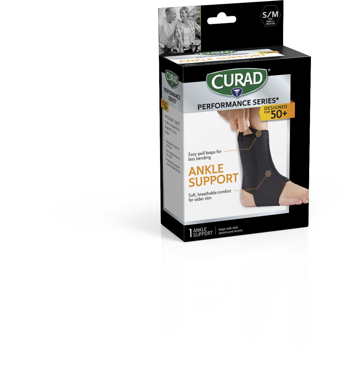 Ankle support brace in black retail box, size small/medium, showing black neoprene sleeve worn on foot with easy-pull loops