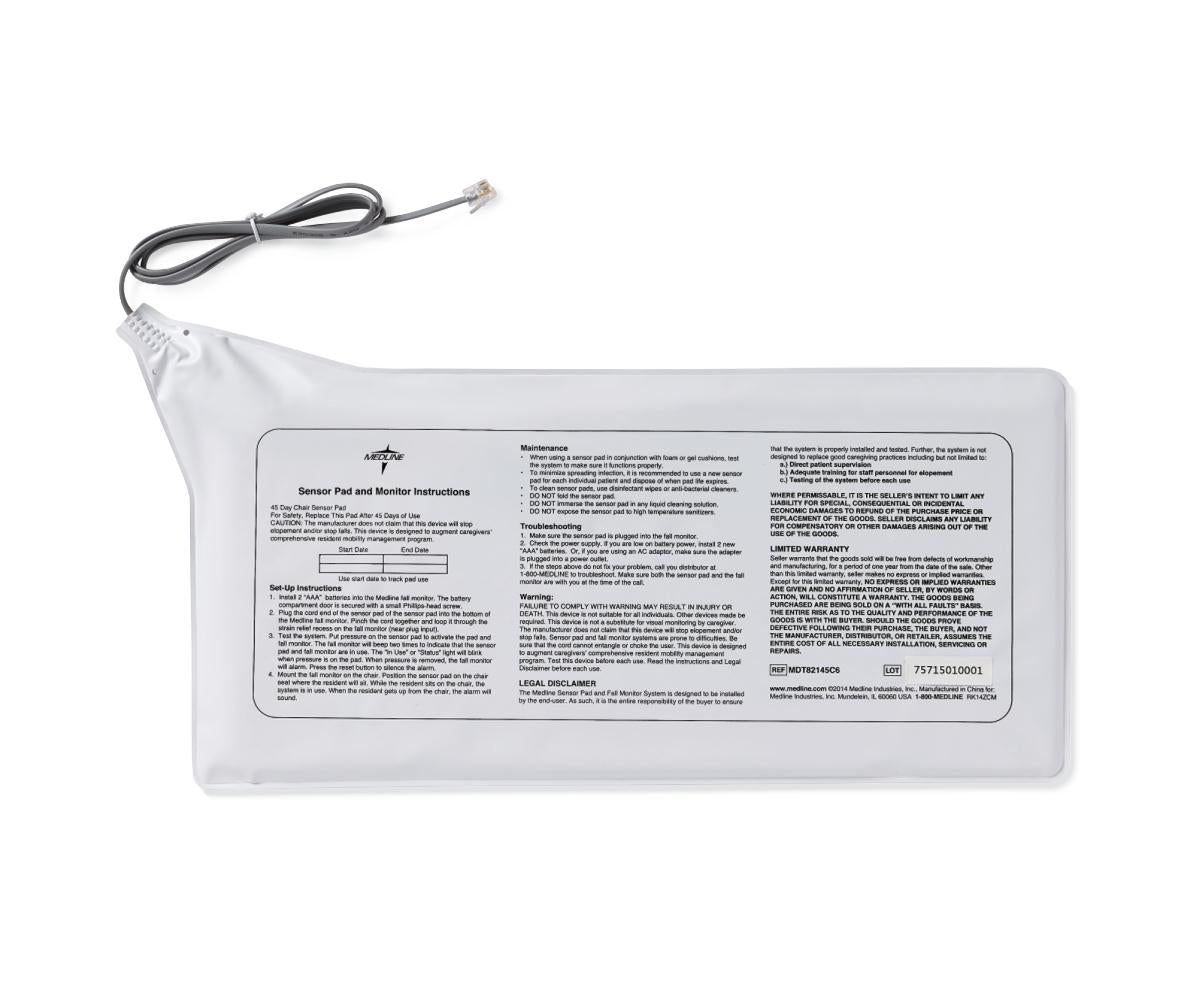 Chair sensor pad with attached cord and printed instructions label, shown flat on white background