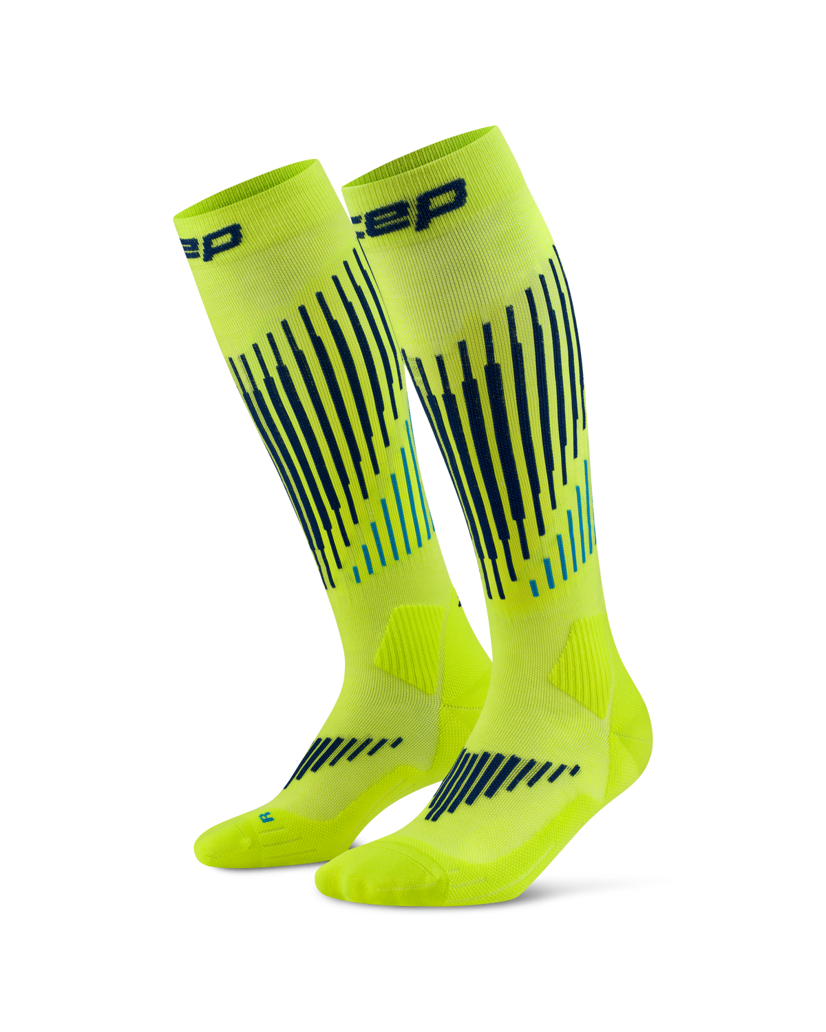 Pair of women's knee-high compression socks in neon yellow with navy and blue vertical stripe pattern