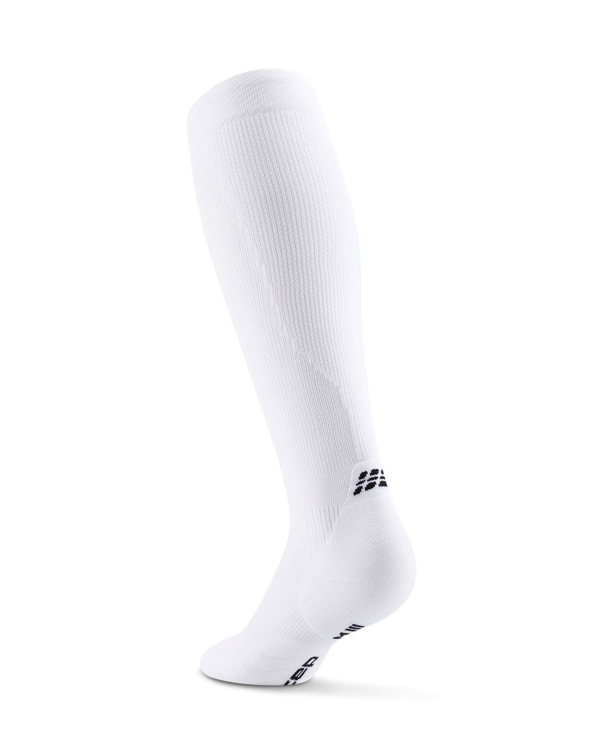 Compression sock in white, knee-high length with ribbed knit texture and black logo detail, shown as a single sock on white