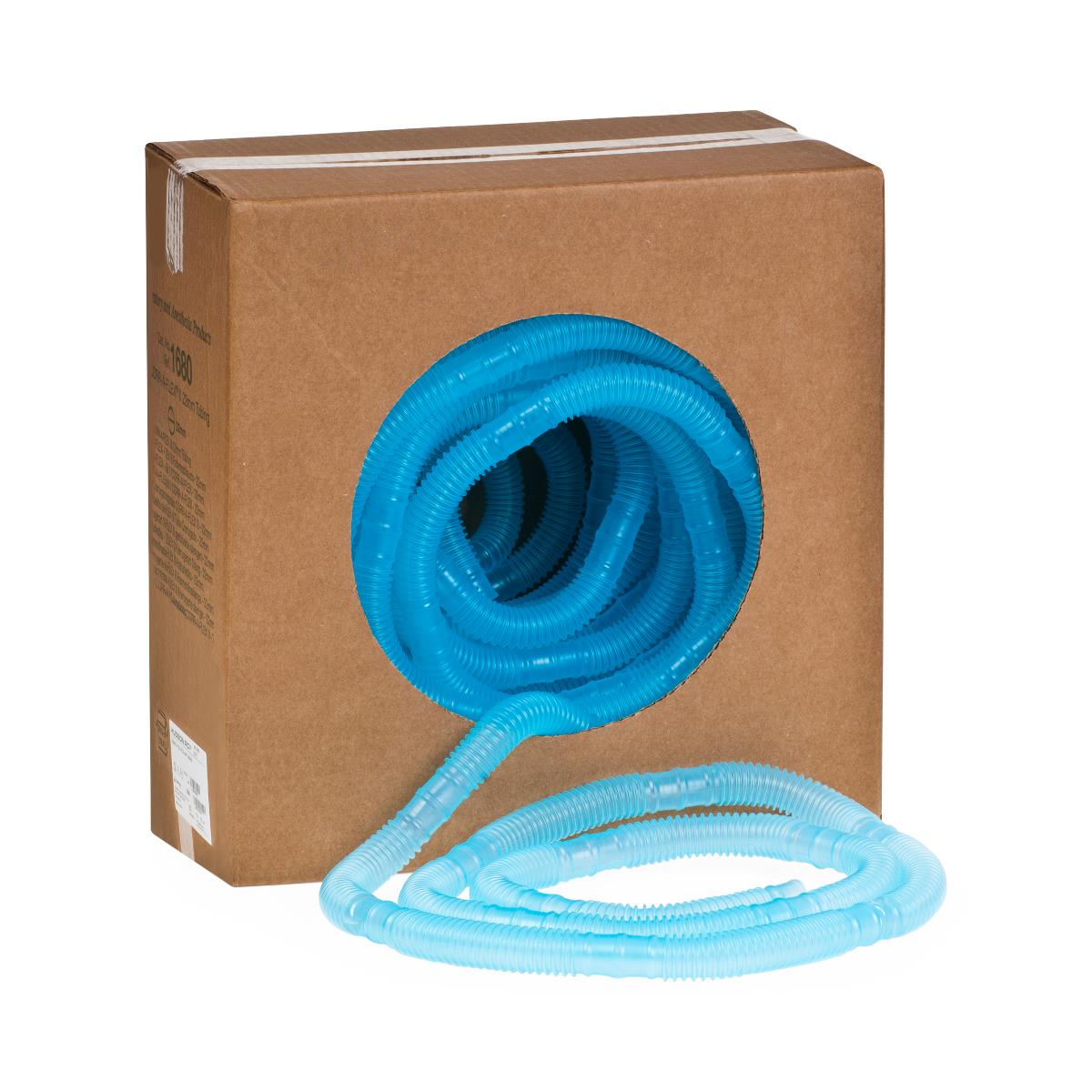 Corrugated respiratory tubing coiled in blue, dispensed from a brown cardboard box, with extra length looped in front