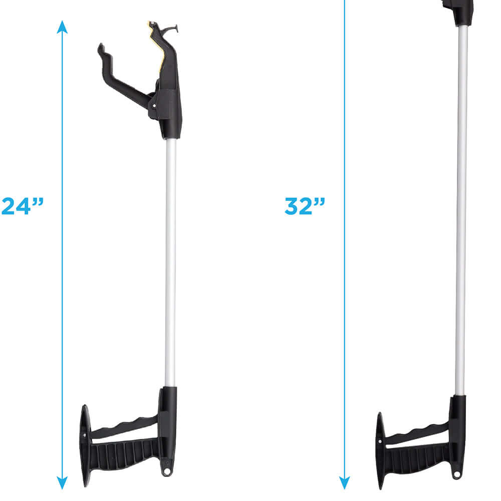 Reacher grabber tool shown in two sizes, 24-inch and 32-inch, with black claw grip and ergonomic handle on white background
