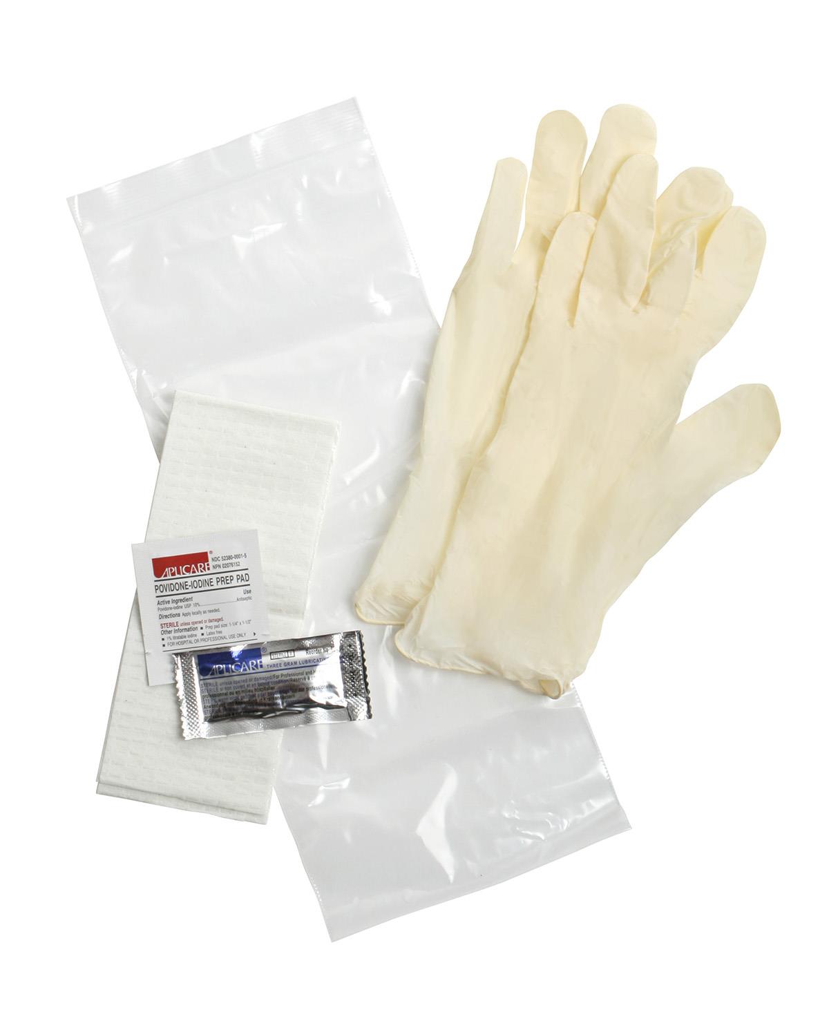 Intermittent catheterization kit components including latex gloves, gauze pads, povidone-iodine prep pad, lubricant packet