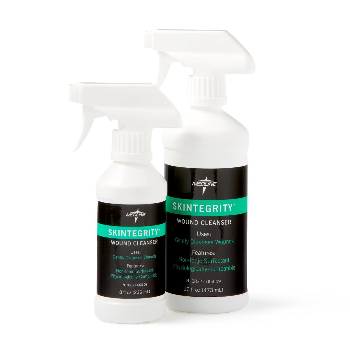 Skintegrity Wound Cleanser spray bottles in 8 oz and 16 oz sizes with white trigger sprayers and black labels on white