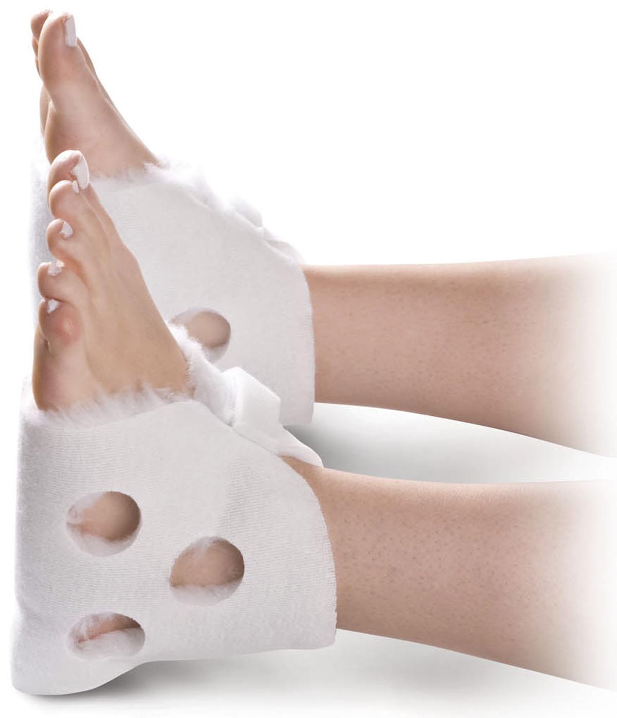 Heel protector with foam cutouts cradling a person's heel and ankle, shown from two angles on a white background