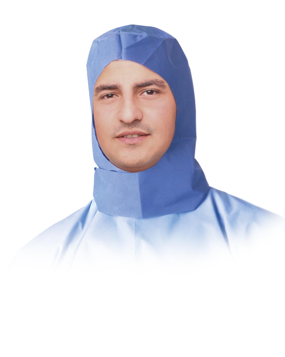 Surgeon hood in blue nonwoven fabric covering head and neck, shown worn by a man, with ties under the chin