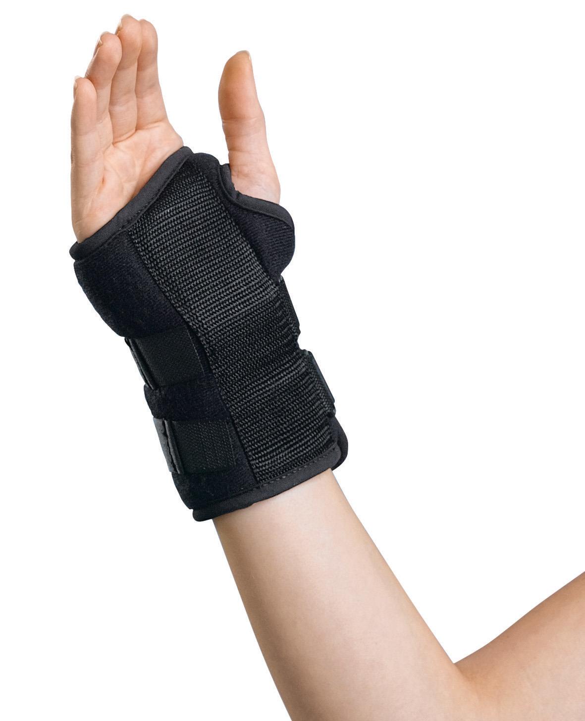 Wrist splint in black with hook-and-loop straps worn on a right hand and forearm, fingers extended upward