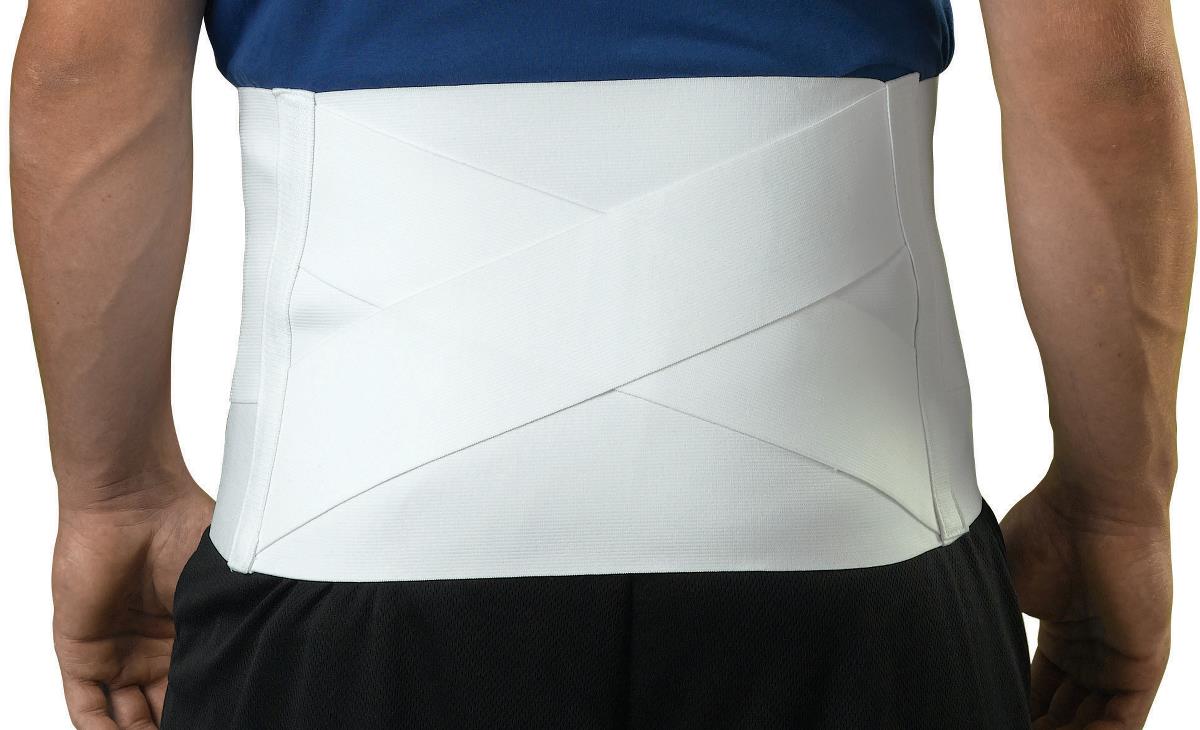Elastic criss-cross back support brace in white worn around a man's midsection, shown from the front