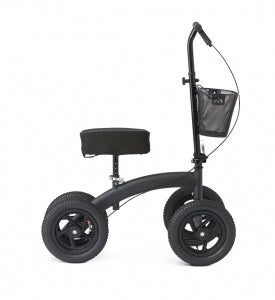Knee walker in matte black with large all-terrain tires, padded knee rest, handlebar, and front basket
