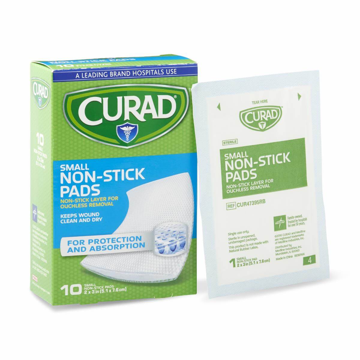 Non-stick wound pads box of 10 with one individually wrapped sterile pad shown beside the green and white packaging