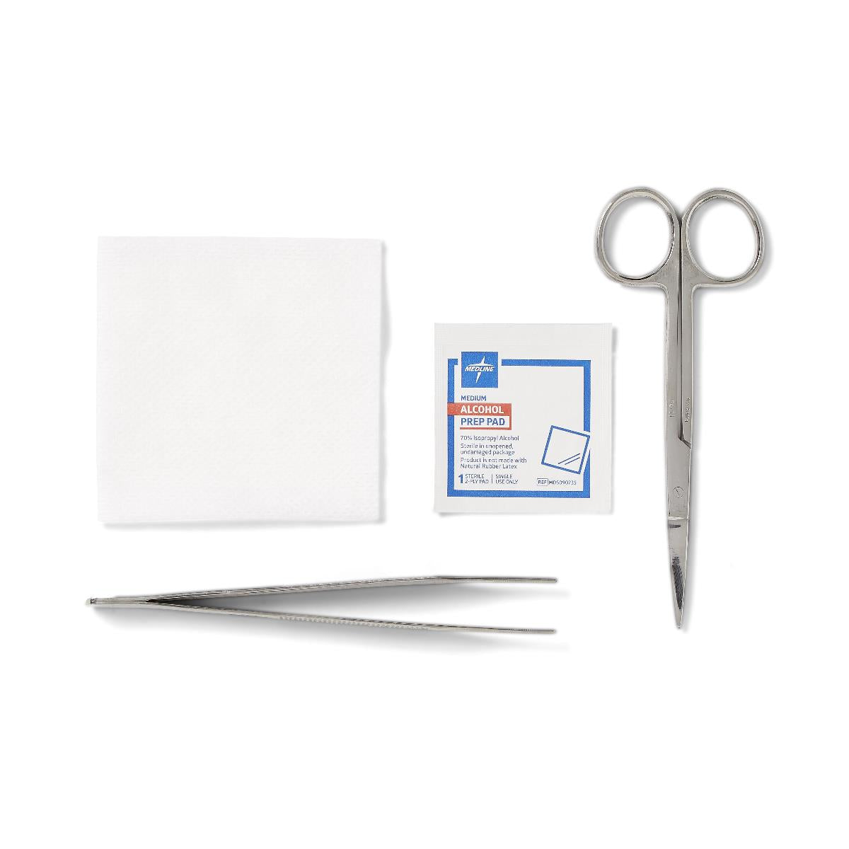 Suture removal tray kit with gauze pad, alcohol prep pad, stainless steel scissors, and tweezers on white background