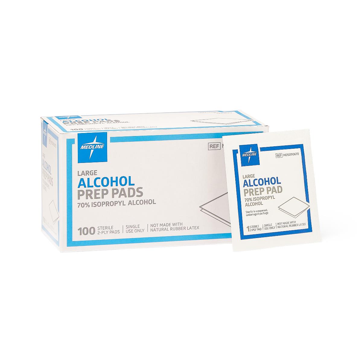 Alcohol prep pads box of 100 large sterile 2-ply pads with a single individually wrapped packet beside it