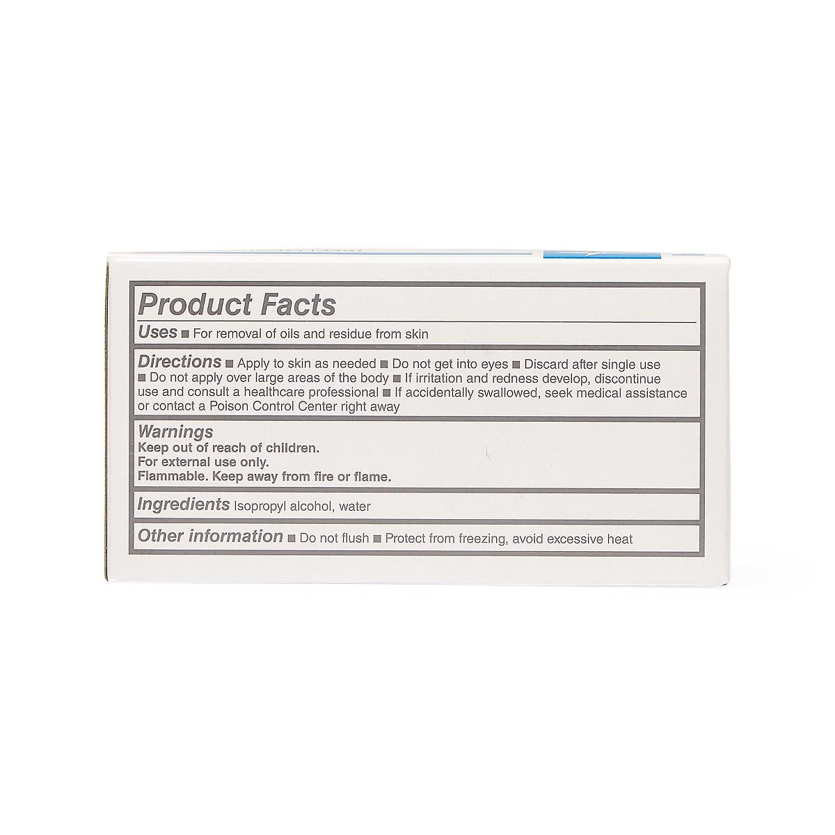 Alcohol prep pad box back panel showing product facts label with uses, directions, warnings, and isopropyl alcohol