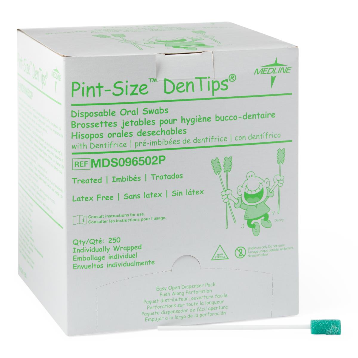 Disposable oral swabs box of 250 individually wrapped treated latex-free swabs with one green foam-tipped swab shown in front