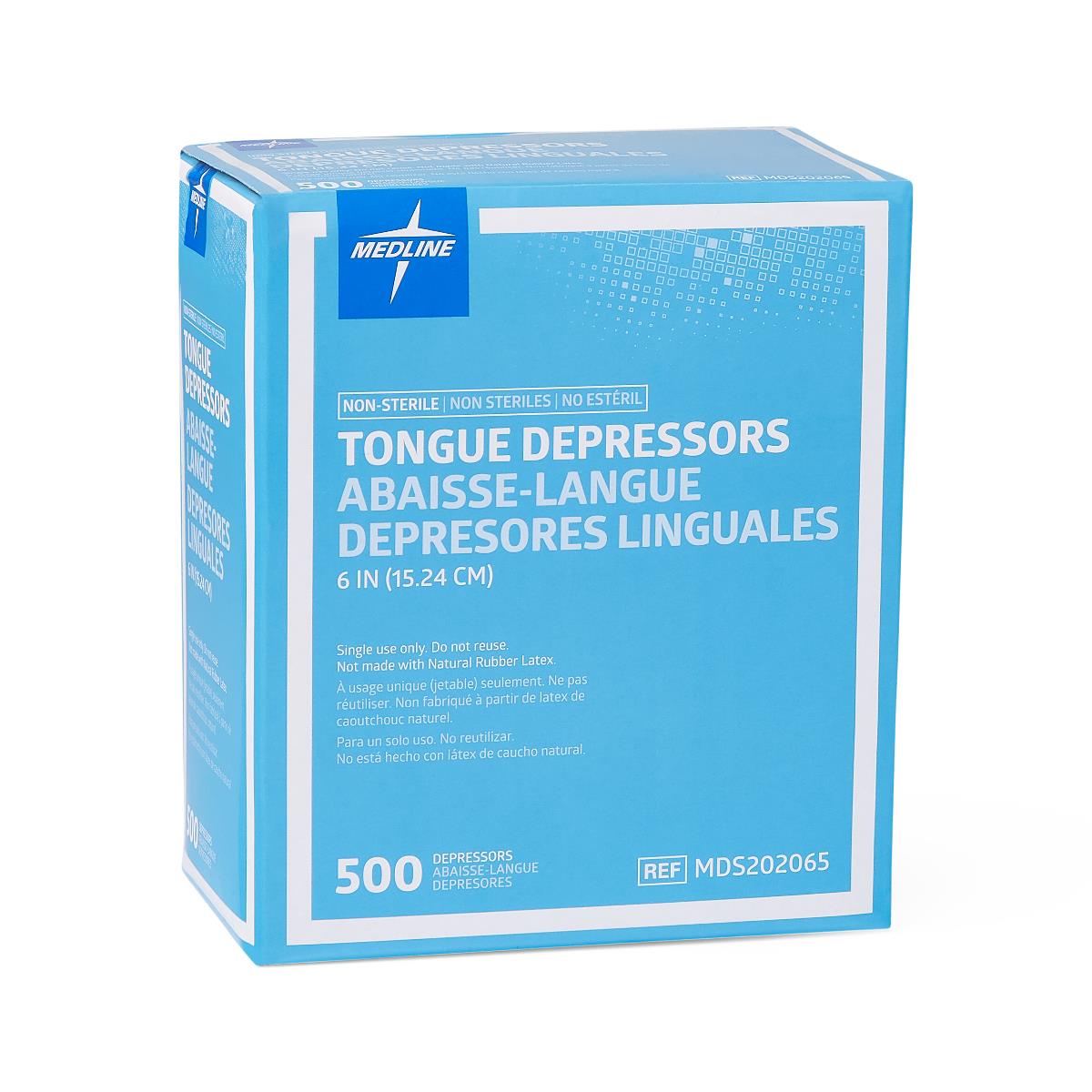 Tongue depressors box of 500 non-sterile single-use wooden sticks, light blue Medline packaging on white background