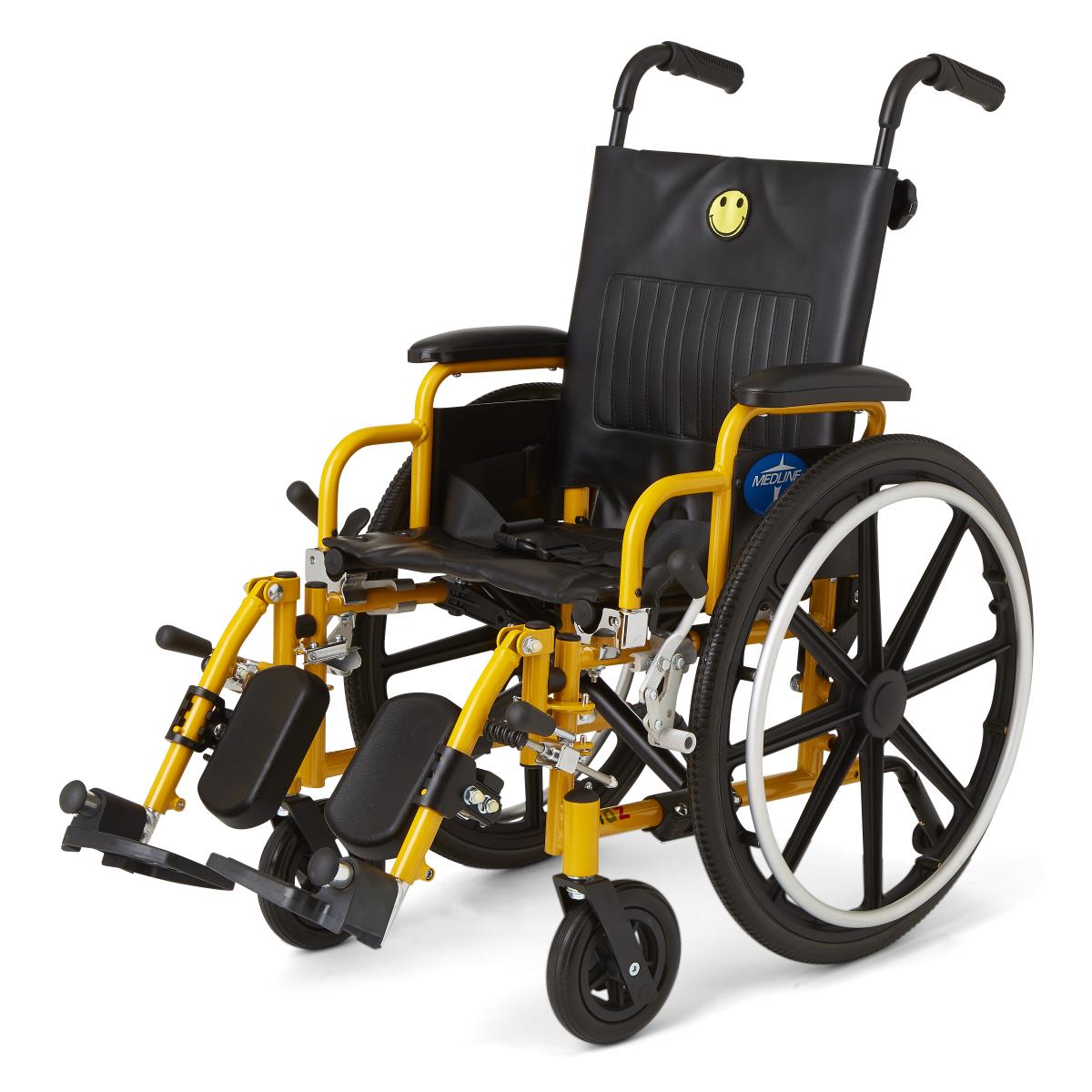 Kidz pediatric wheelchair with yellow frame, black upholstery, smiley face emblem, elevating leg rests, and spoke wheels