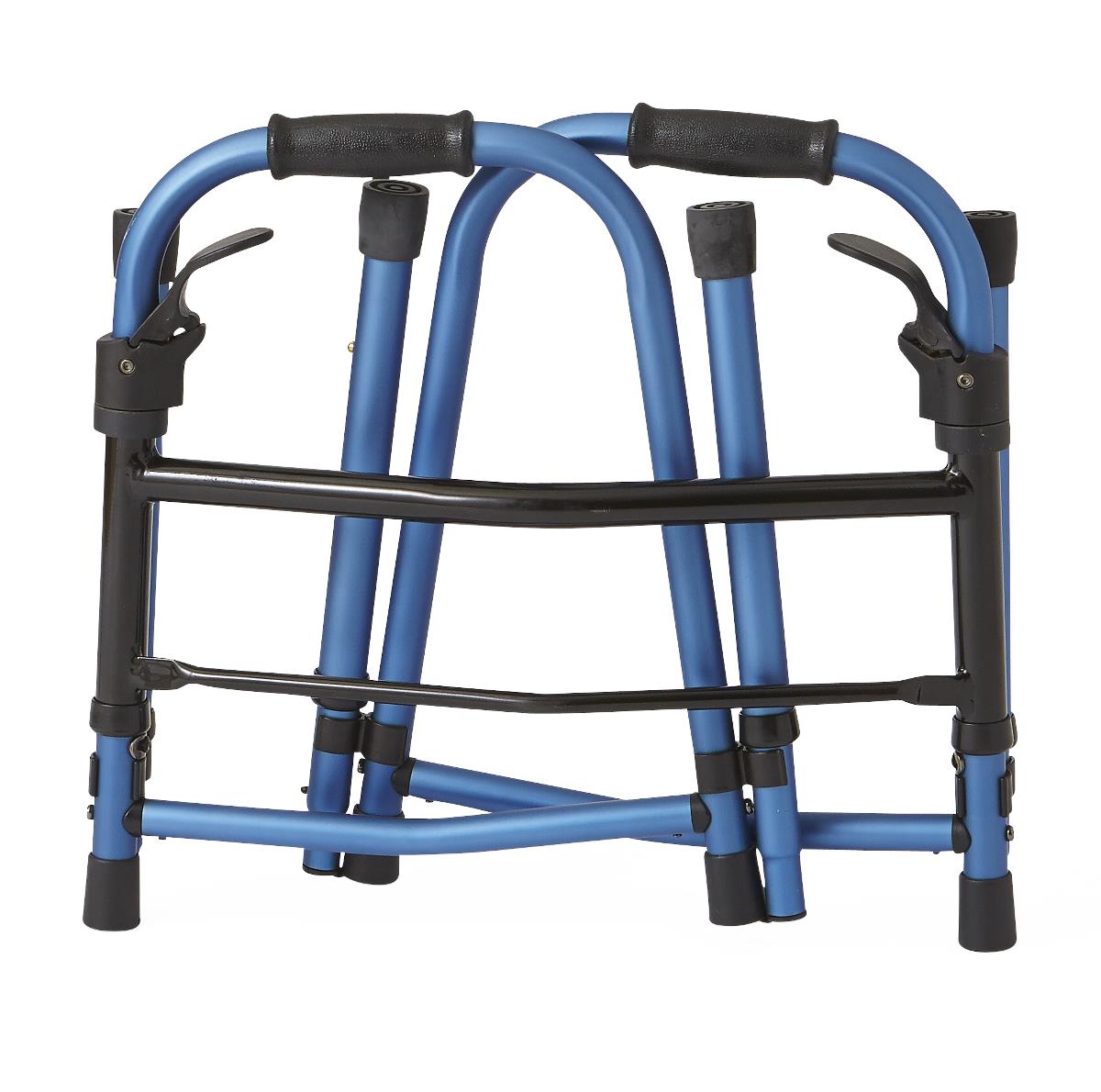 Folding paddle walker in blue with black foam handles, folded flat for storage, showing crossed legs and rubber feet tips