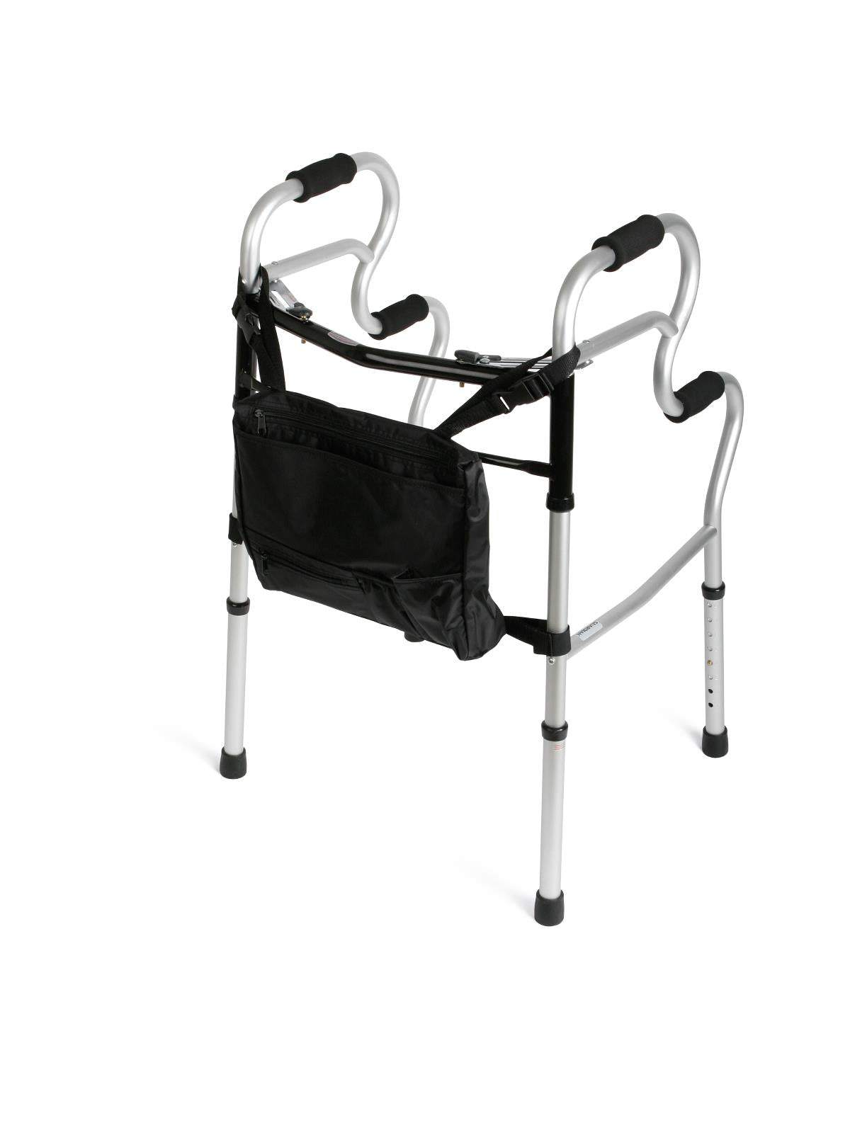 Stand assist walker with silver aluminum frame, dual padded flip-down handles, and attached black zippered carry bag