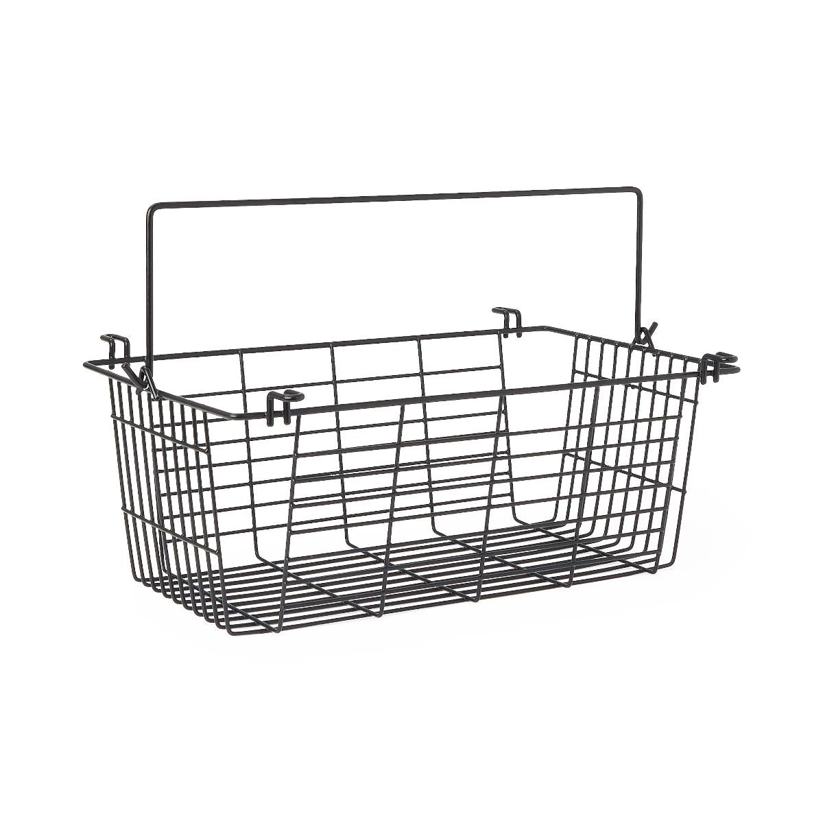 Rollator basket in black coated wire with a fold-down handle and side mounting hooks, shown on white background