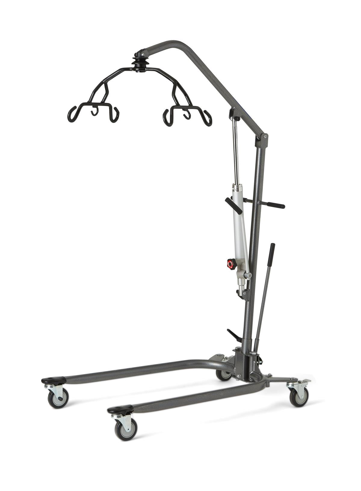 Hydraulic patient lift with six-point cradle bar, hydraulic pump arm, and four swivel casters on a gray steel base frame